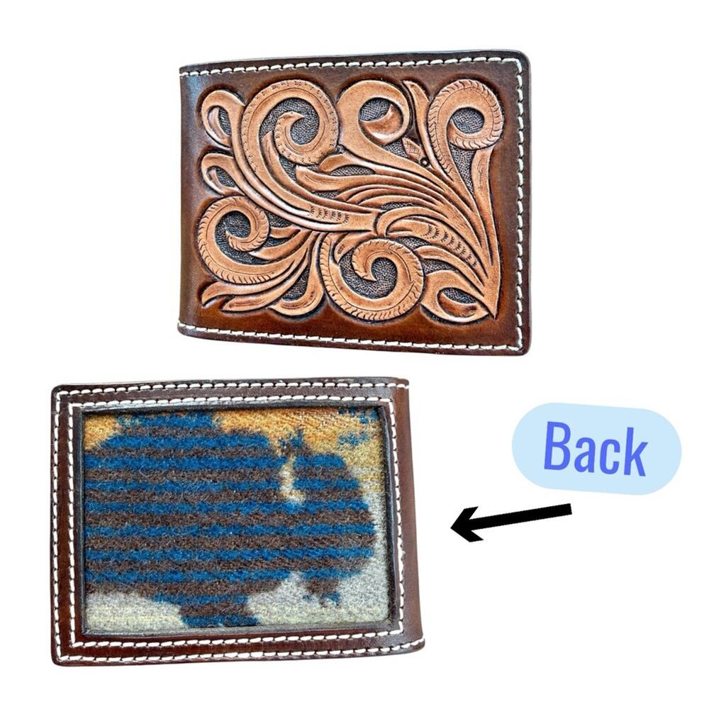 Hand Tooled Leather Money Clip Wallet Buffalo Blanket Inlay Handmade Western